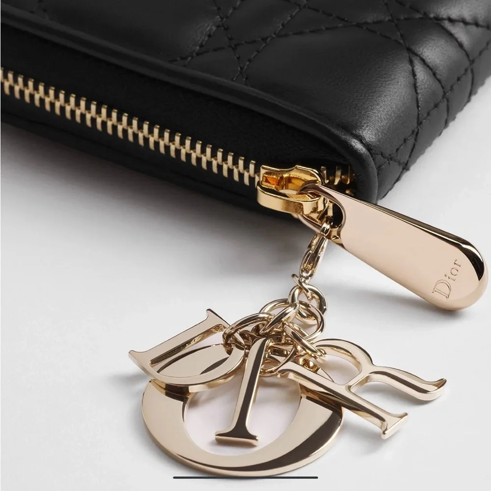 Dior Large Lady Dior Voyageur Black Quilted Lambskin Wallet with Gold Charm
